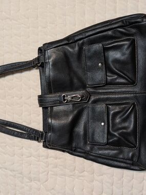 Tignanello Black Leather Dual-Pocket Messenger/Shoulder Bag